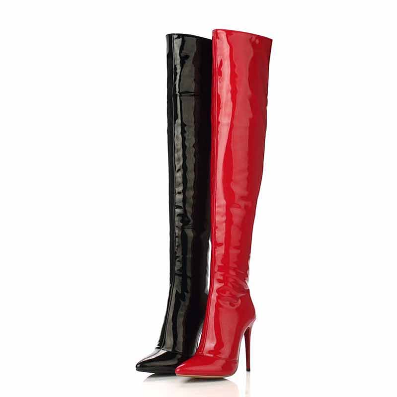 Women's Patent Leather Pointy Toe Sexy Stiletto Over The Knee Boots