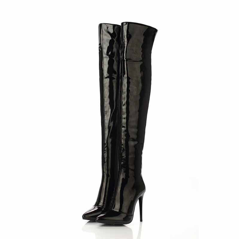 Women's Patent Leather Pointy Toe Sexy Stiletto Over The Knee Boots