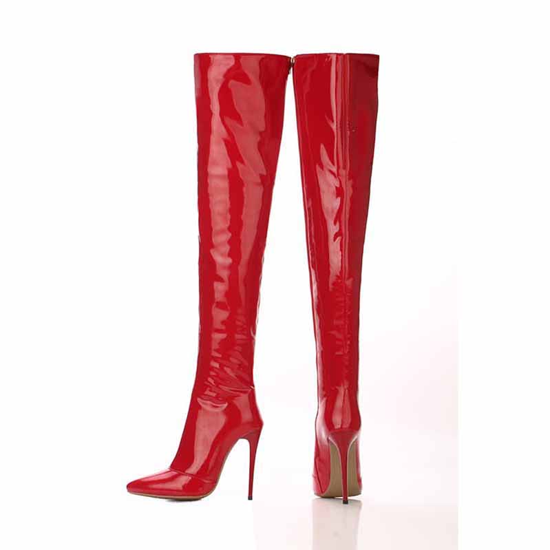 Women's Patent Leather Pointy Toe Sexy Stiletto Over The Knee Boots