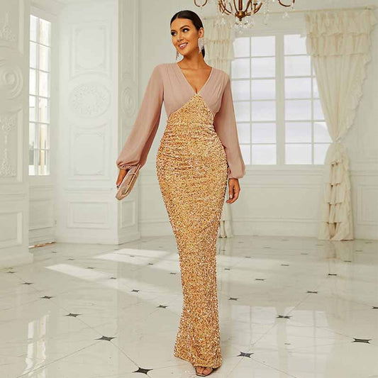 Wedding Long Sleeve Sequins Hip Wrap Fishtail Prom Dress