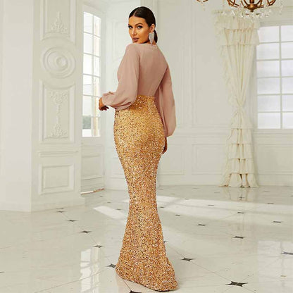 Wedding Long Sleeve Sequins Hip Wrap Fishtail Prom Dress