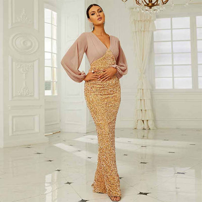 Wedding Long Sleeve Sequins Hip Wrap Fishtail Prom Dress