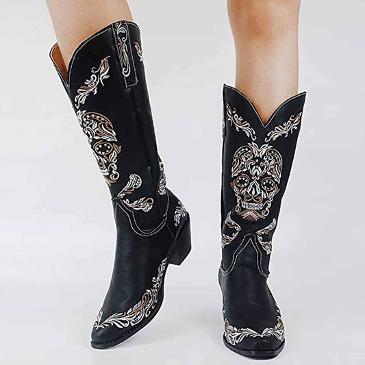 Women's embroidered leather Mid-calf western cowgirl black boots