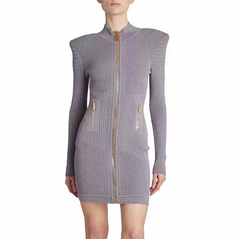 Mini Dress Ladies Long Sleeve Knitted Dress with Zips