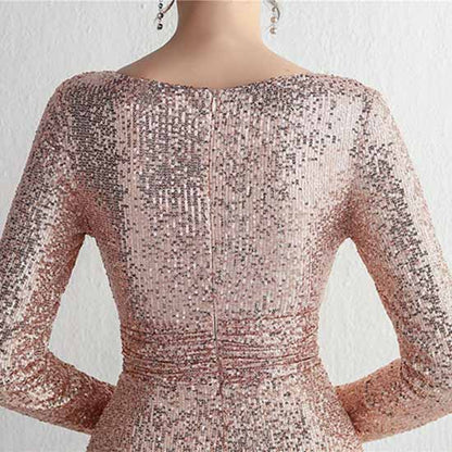 Women's Shinny Sequin Mermaid Evening Dress Sleeve Prom Gown