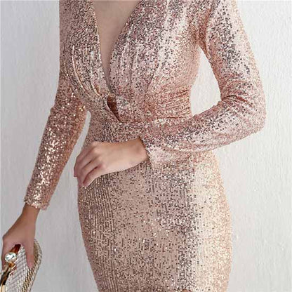 Women's Shinny Sequin Mermaid Evening Dress Sleeve Prom Gown