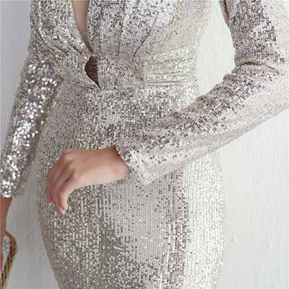 Women Evening Party Dress Sequin Dress for Women Sexy Split Dress Long Sleeve