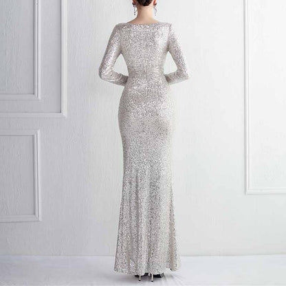 Women Evening Party Dress Sequin Dress for Women Sexy Split Dress Long Sleeve