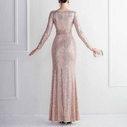 Women's Shinny Sequin Mermaid Evening Dress Sleeve Prom Gown