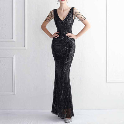 Women's V-Neck Sequins Mermaid Prom Evening Party Dress S-4XL