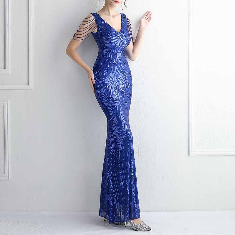 Women's V-Neck Sequins Mermaid Prom Evening Party Dress S-4XL