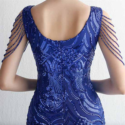 Women's V-Neck Sequins Mermaid Prom Evening Party Dress S-4XL