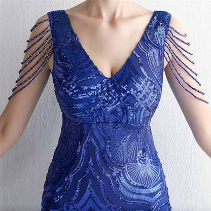 Women's V-Neck Sequins Mermaid Prom Evening Party Dress S-4XL