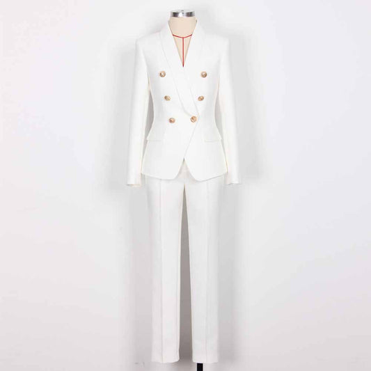 Women's Belted Pant Suit White Double Beasted Two Piece Business Set