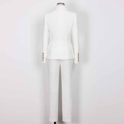 Women's Belted Pant Suit White Double Beasted Two Piece Business Set