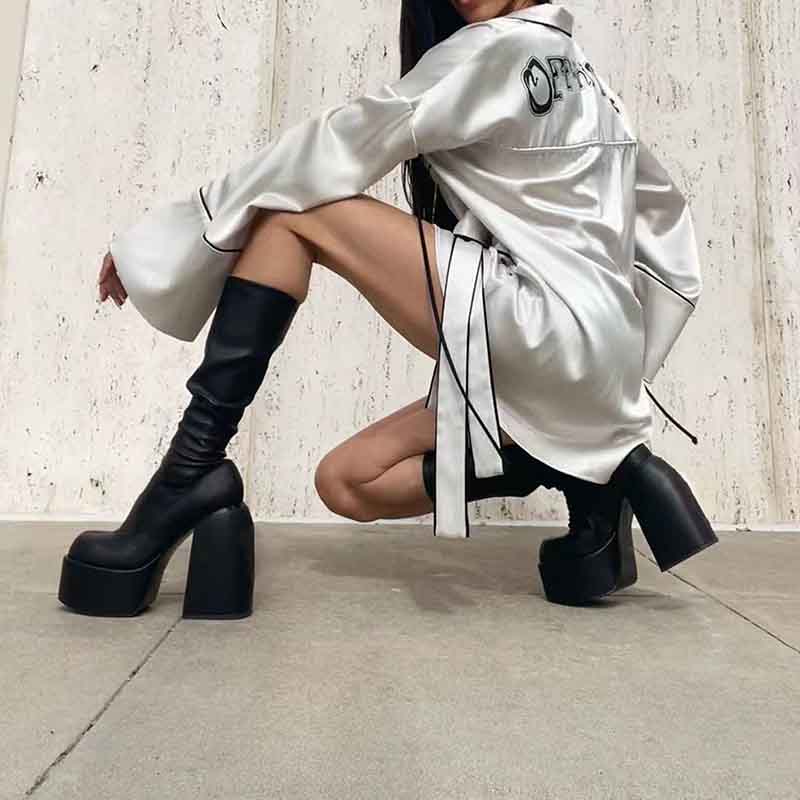 Wide Fit Mid Heel Sock Knee Boots