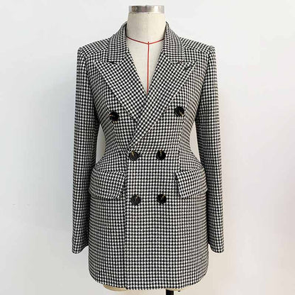 Middle Length Double Breasted Wollen Blend Houndstooth Tweed Blazer