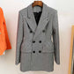 Middle Length Double Breasted Wollen Blend Houndstooth Tweed Blazer