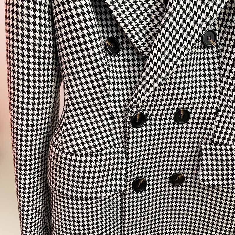 Middle Length Double Breasted Wollen Blend Houndstooth Tweed Blazer