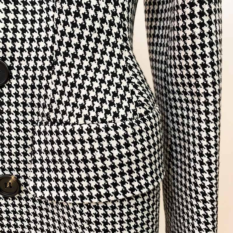 Middle Length Double Breasted Wollen Blend Houndstooth Tweed Blazer