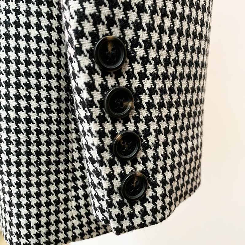 Middle Length Double Breasted Wollen Blend Houndstooth Tweed Blazer