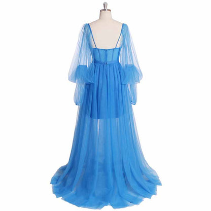 Puffy Sleeve Prom Dresses Ball Gown for Women Formal Long Sleeve Backless Evening Gown