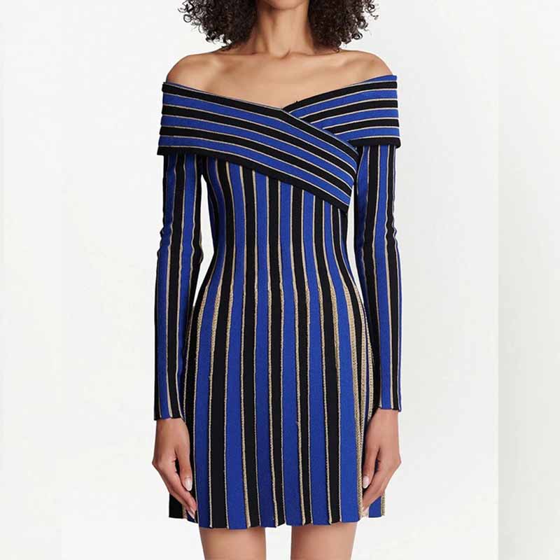 Women's long sleeve knit mini dress blue striped elegant dress