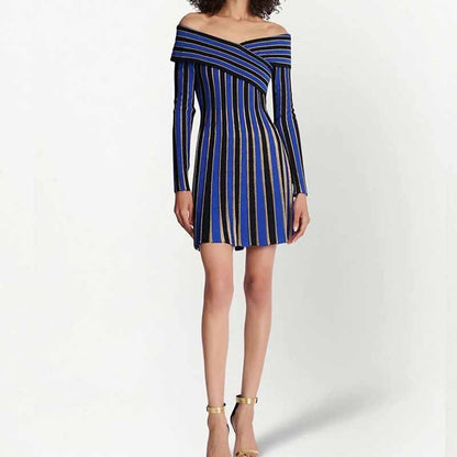 Women's long sleeve knit mini dress blue striped elegant dress