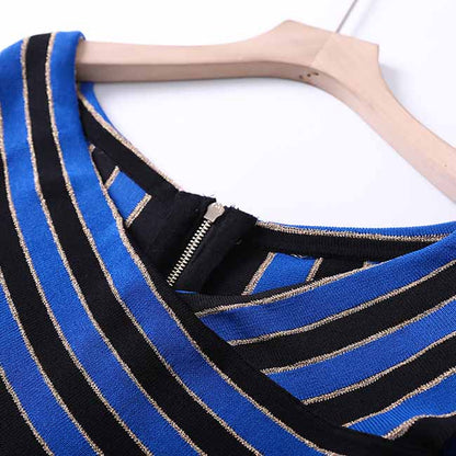 Women's long sleeve knit mini dress blue striped elegant dress