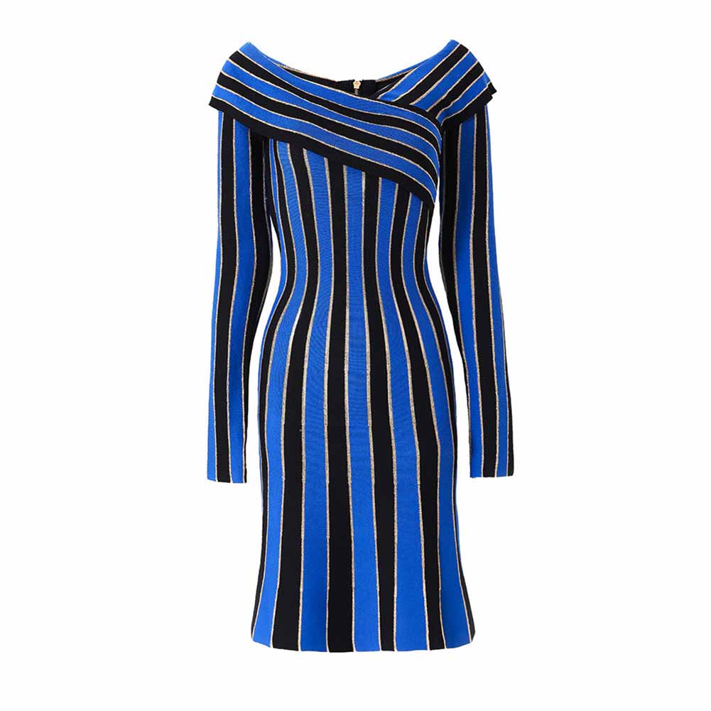 Women's long sleeve knit mini dress blue striped elegant dress