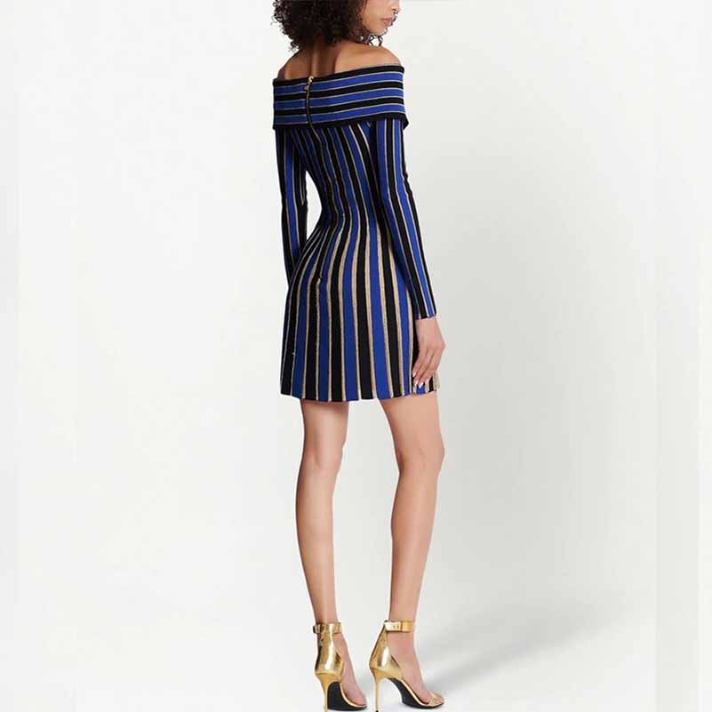 Women's long sleeve knit mini dress blue striped elegant dress
