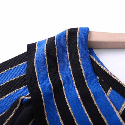 Women's long sleeve knit mini dress blue striped elegant dress