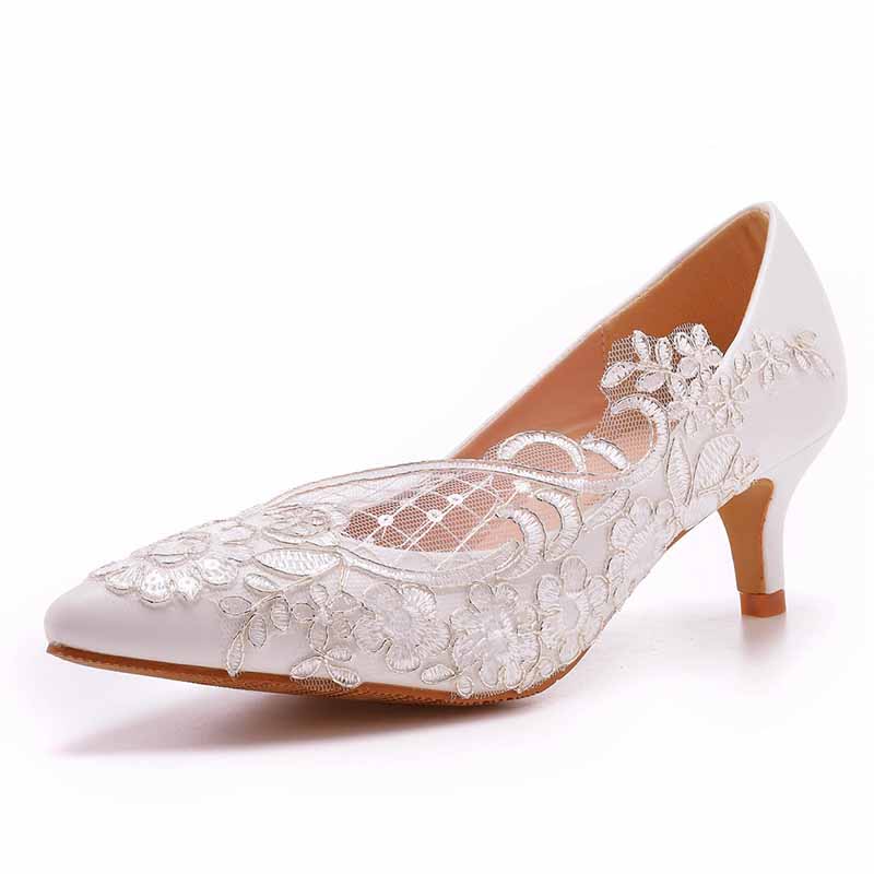 Women White lace Heels Low Heel Sandals Bridal White Lace Wedding Shoes