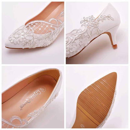 Women White lace Heels Low Heel Sandals Bridal White Lace Wedding Shoes