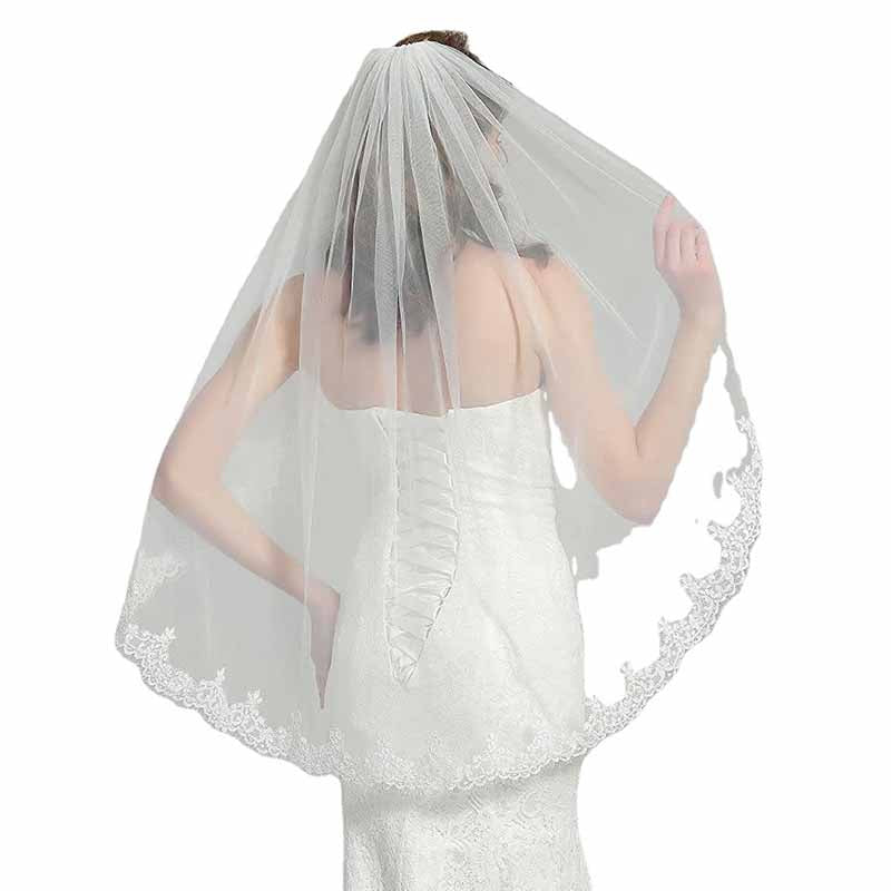 Wedding Bridal Veil with Comb Lace Applique Edge Veil
