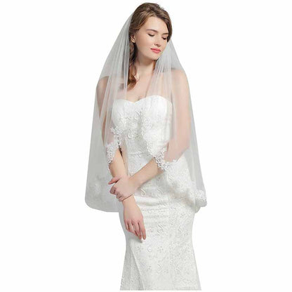 Wedding Bridal Veil with Comb Lace Applique Edge Veil