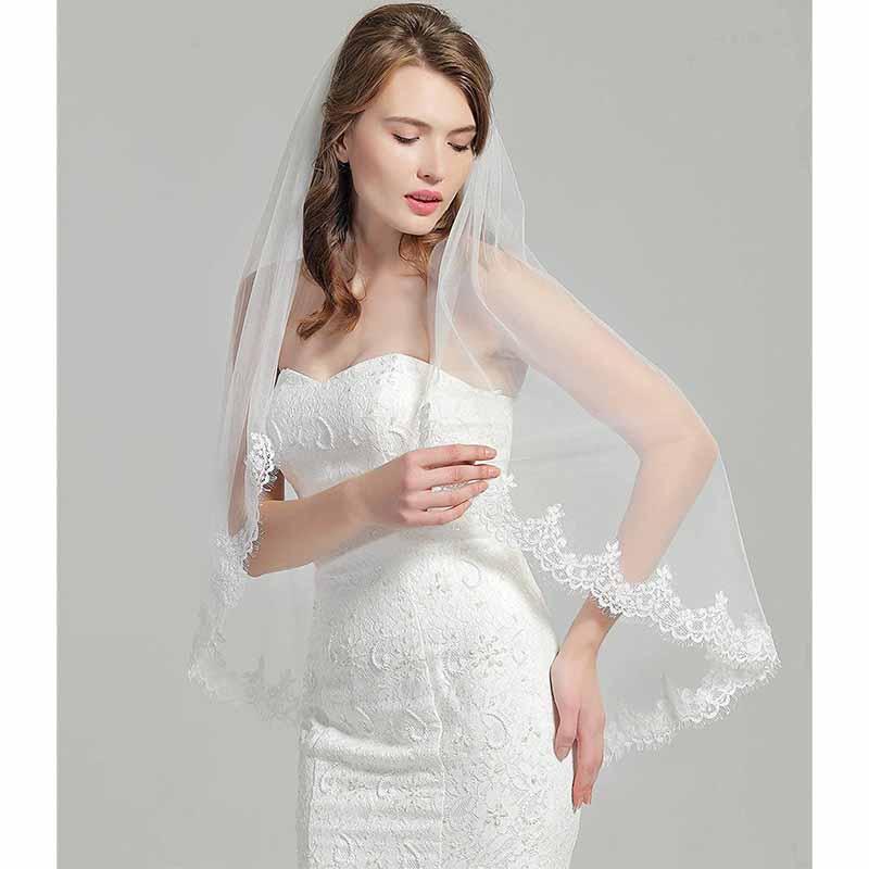 Wedding Bridal Veil with Comb Lace Applique Edge Veil