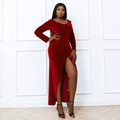 Women Plus Size Red Velvet Prom Long Sleeves Maxi Evening Dress