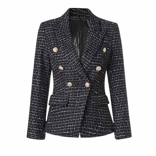 Women's Black Plaid Tweed Blazer Double Breasted Business Jacket