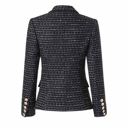 Women's Black Plaid Tweed Blazer Double Breasted Business Jacket
