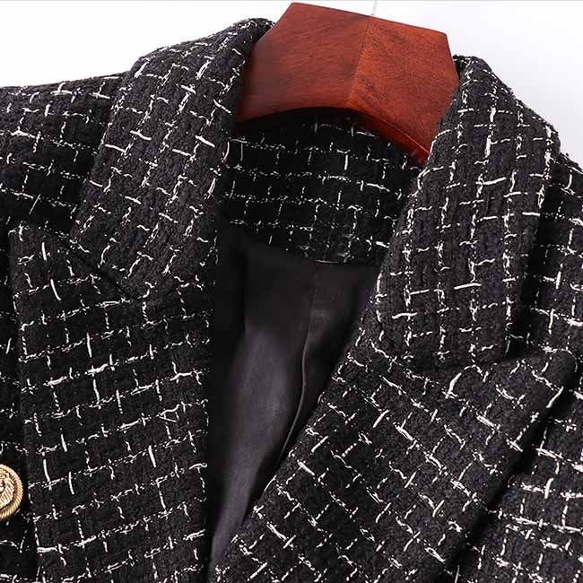 Women's Black Plaid Tweed Blazer Double Breasted Business Jacket
