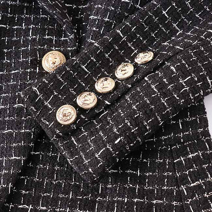 Women's Black Plaid Tweed Blazer Double Breasted Business Jacket
