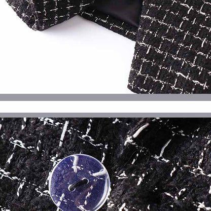Women's Black Plaid Tweed Blazer Double Breasted Business Jacket