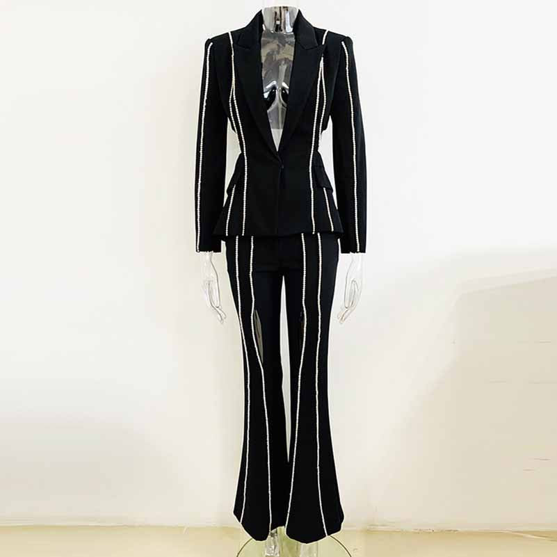 Bell Bottom Pants Suit Set With Black Blazer Hollow Out Fashion Sets