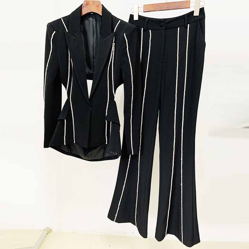 Bell Bottom Pants Suit Set With Black Blazer Hollow Out Fashion Sets