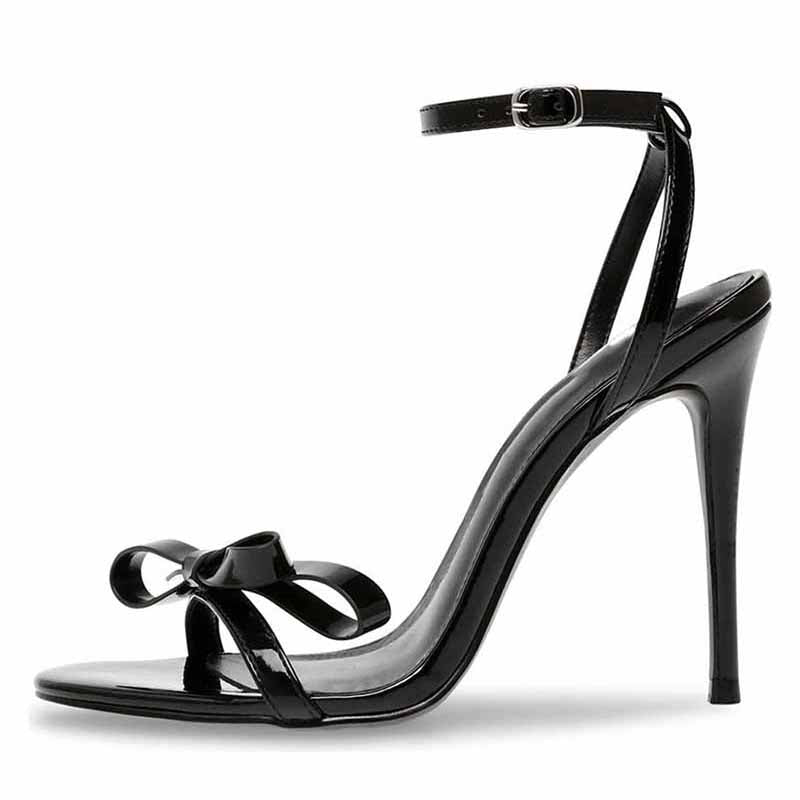 Women's Bow Knot Heeled Sandals Ankle Strappy Black Pumps Stiletto