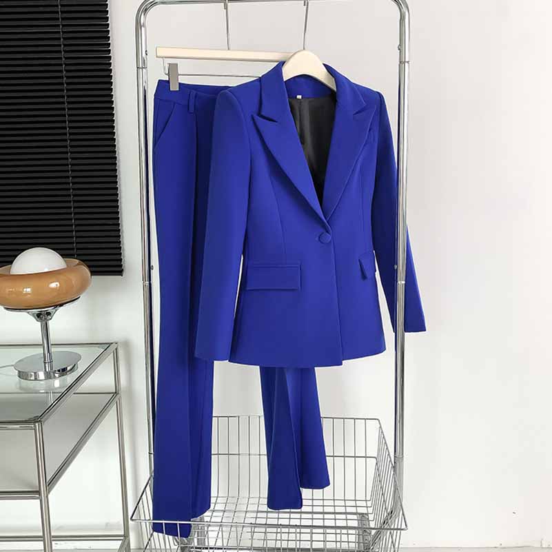 Women's One-Button Pantsuit Royal Blue Two Pieces bell-bottom trousers Suit