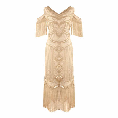 Womens 1920s Flapper Dress Vintage Long Fringe Beaded Dress