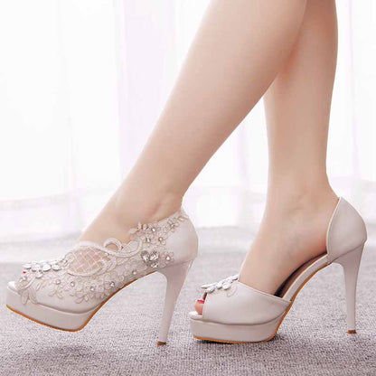 Womens Open Toe Lace Wedding Shoes Bridal Platform Sandals