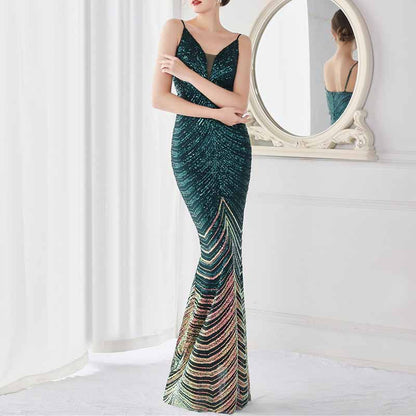 Women Shiny Sleeveless Formal Evening Dresses Spaghetti Strap Ball Gown S-4XL